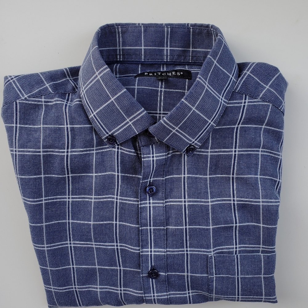 Navy checked plaid button down collar dress shirt button down